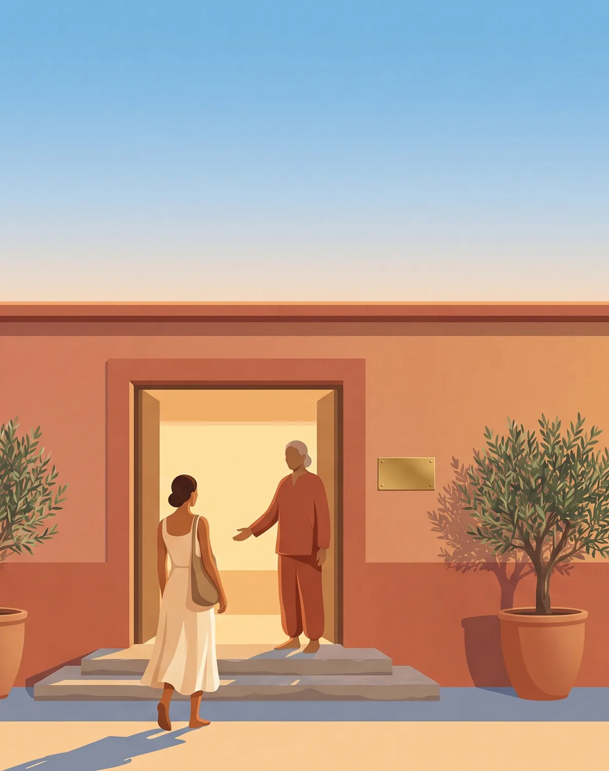 Una donna entra attraverso una porta aperta in un muro di terracotta, dove un professionista la attende con un gesto aperto e accogliente. Una targhetta in ottone accanto alla porta, alberi di oliva in vaso, papaveri ai bordi e il sole dorato alto in un cielo terso.
