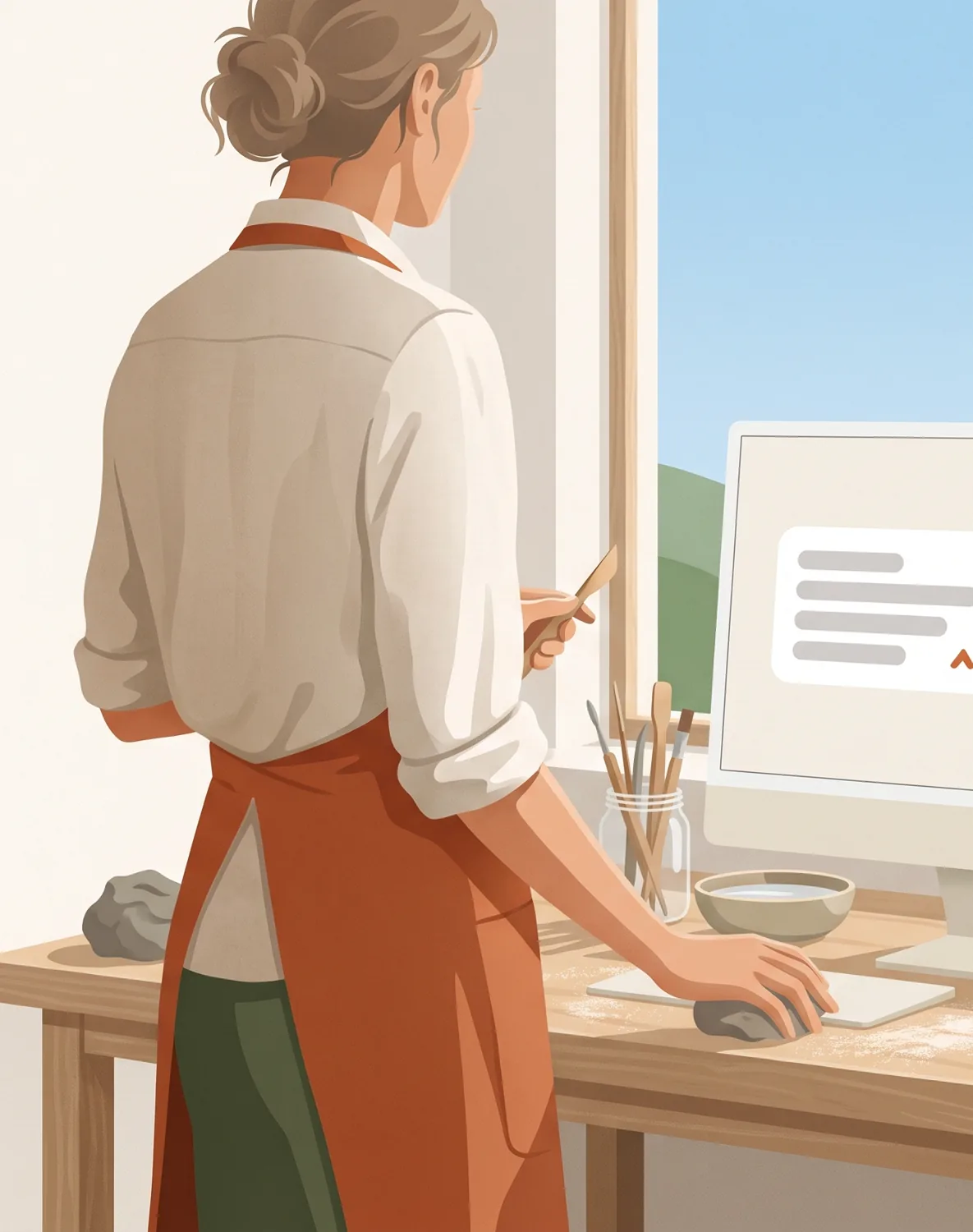 Una ceramista sta al suo banco di lavoro, vista da dietro, lavorando su uno schermo che mostra una conversazione e una serie di icone dell'app. I suoi strumenti e un telefono giacciono sul banco, piatti finiti su una mensola accanto a lei, colline attraverso la finestra e il sole dorato sopra di esse.