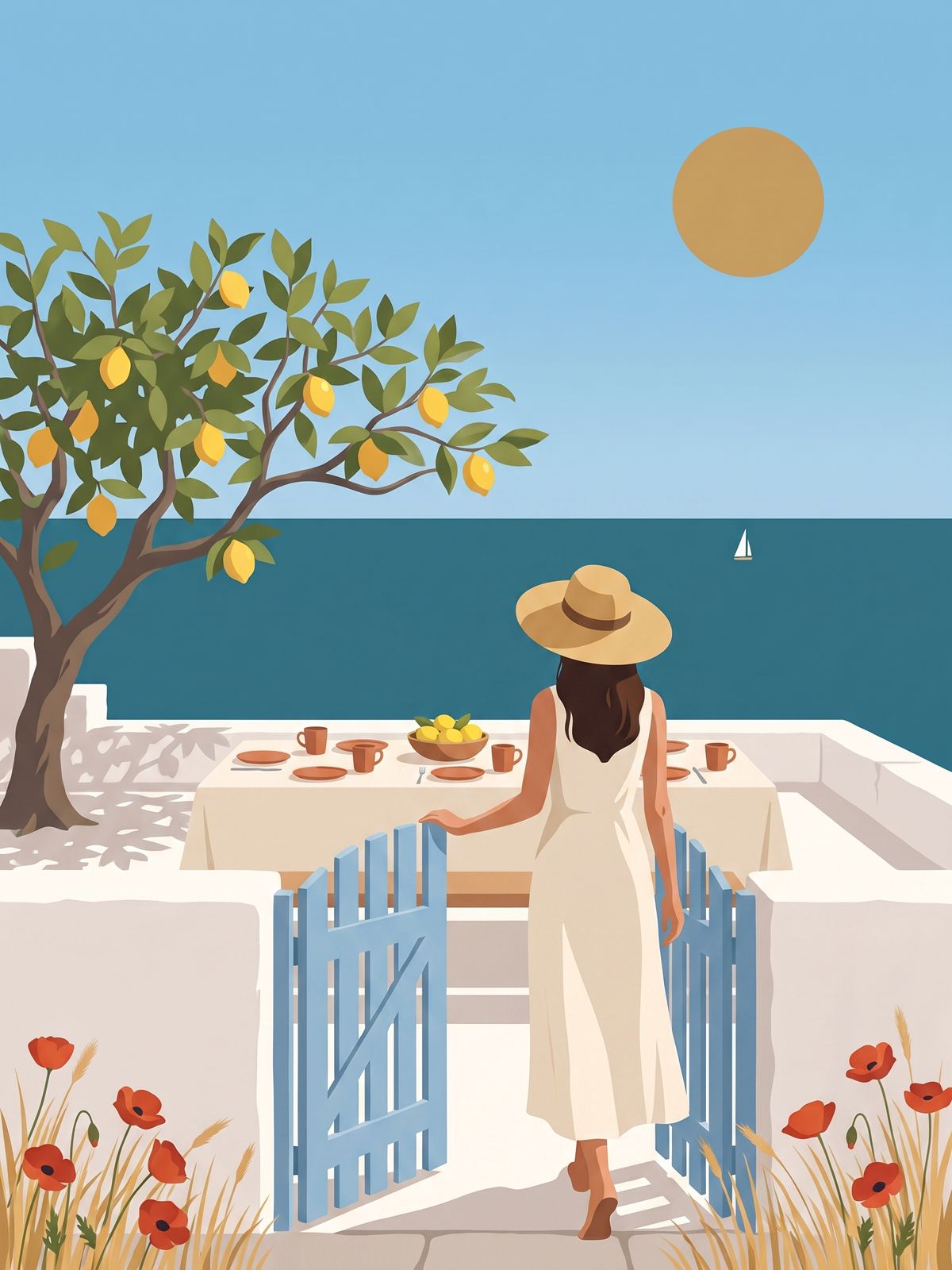 A woman in a straw hat steps through an open blue gate onto a terrace where a table is laid for six, a lemon tree, the sea and a small sailboat beyond.
